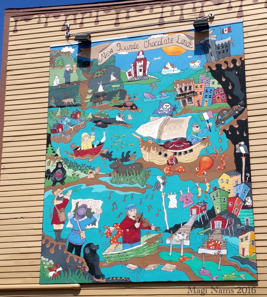 Exploring Canada: St. John's, Newfoundland and Labrador – City on the Eastern Tip of North America: Newfoundland Chocolate Company's Wall Mural "Newfounde Chocolate Lande" (© Magi Nams) 
